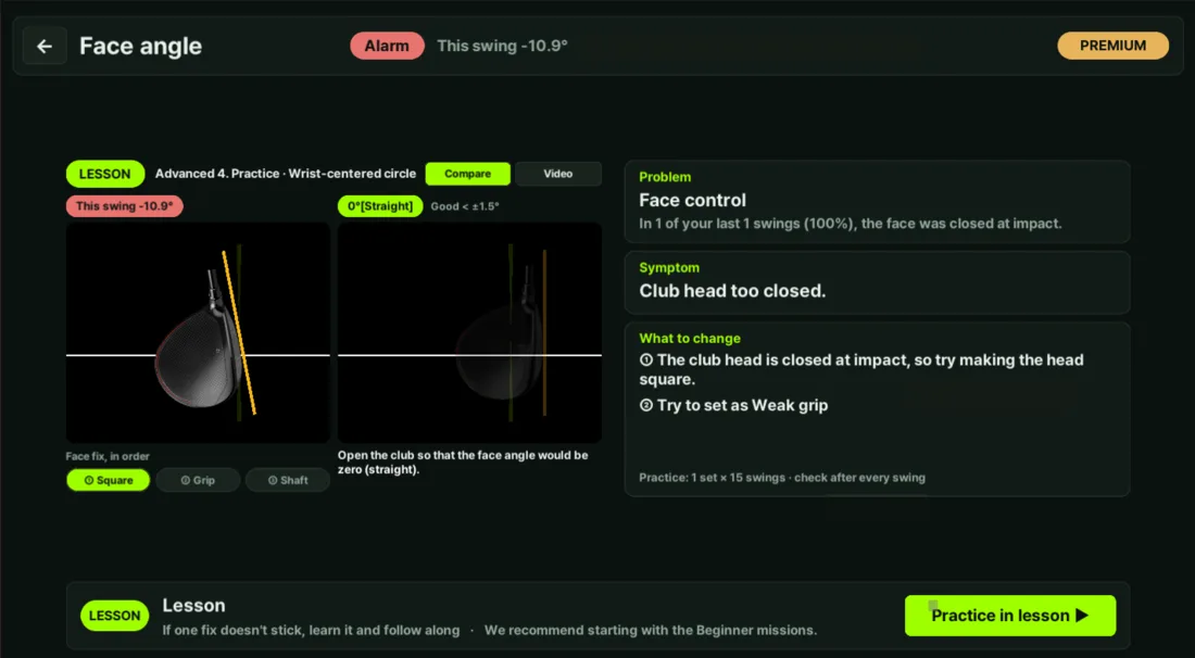 Symptom, cause and prescription on one screen after the swing