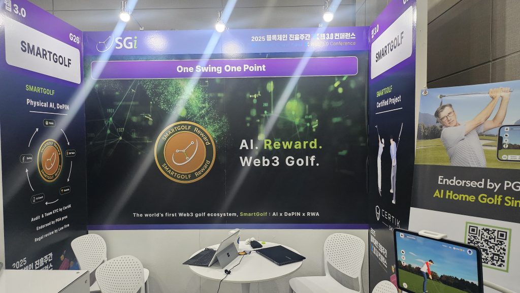 Booth view with “One Swing One Point” headline and SMARTGOLF logo