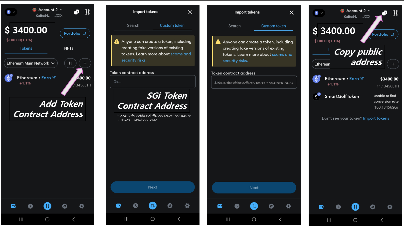 Step-by-step guide showing how to connect MetaMask wallet to SmartGolf DApp and import the SGi token.