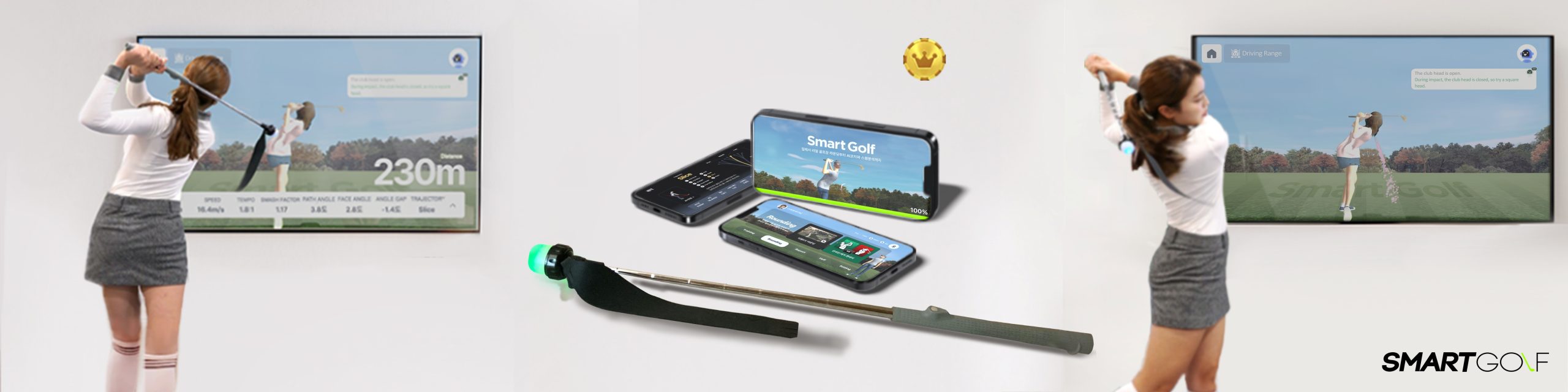 SmartGolf with female pro golfer, real product demo banner