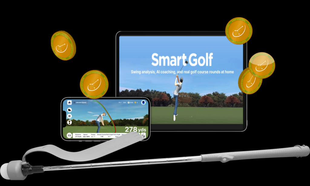 SMARTGOLF AIX club with mobile and tablet app, visualizing swing performance and SGi token rewards